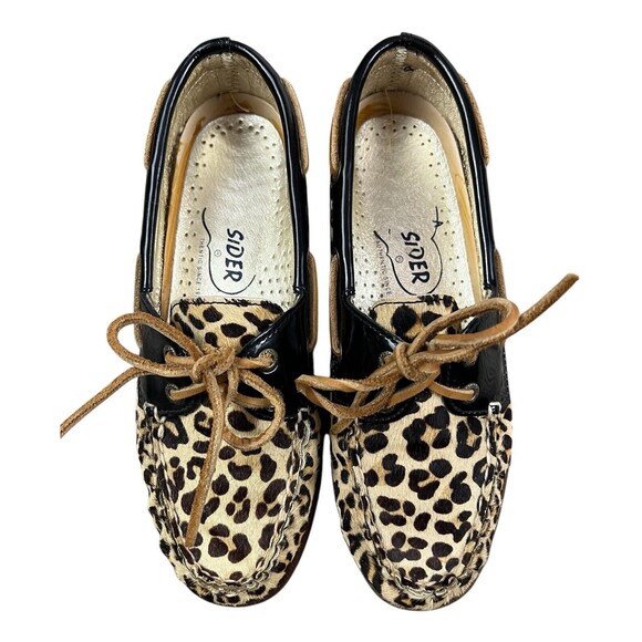 Sperry Top Sider 2-Eye Boat Shoe  Women's 6.5  Black Patent & Cheetah Leather - Picture 1 of 11